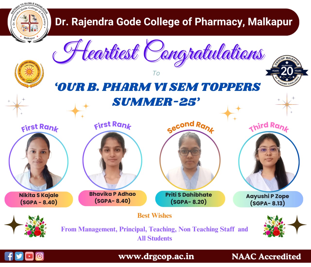 Congratulations!! To Our B.Pharm Toppers...