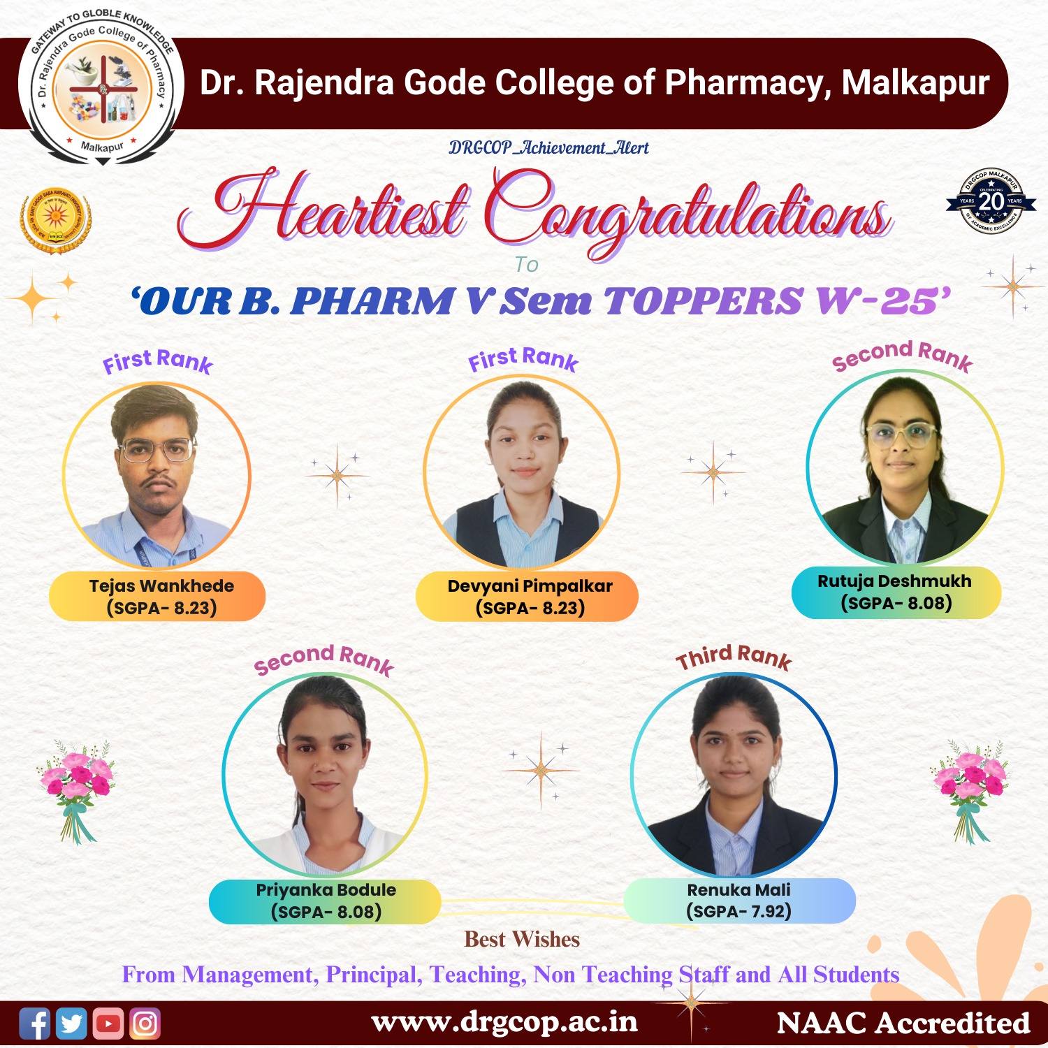 Heartiest Congratulations to our B.Pharm Sem-VII & B.Pharm Sem- V Toppers