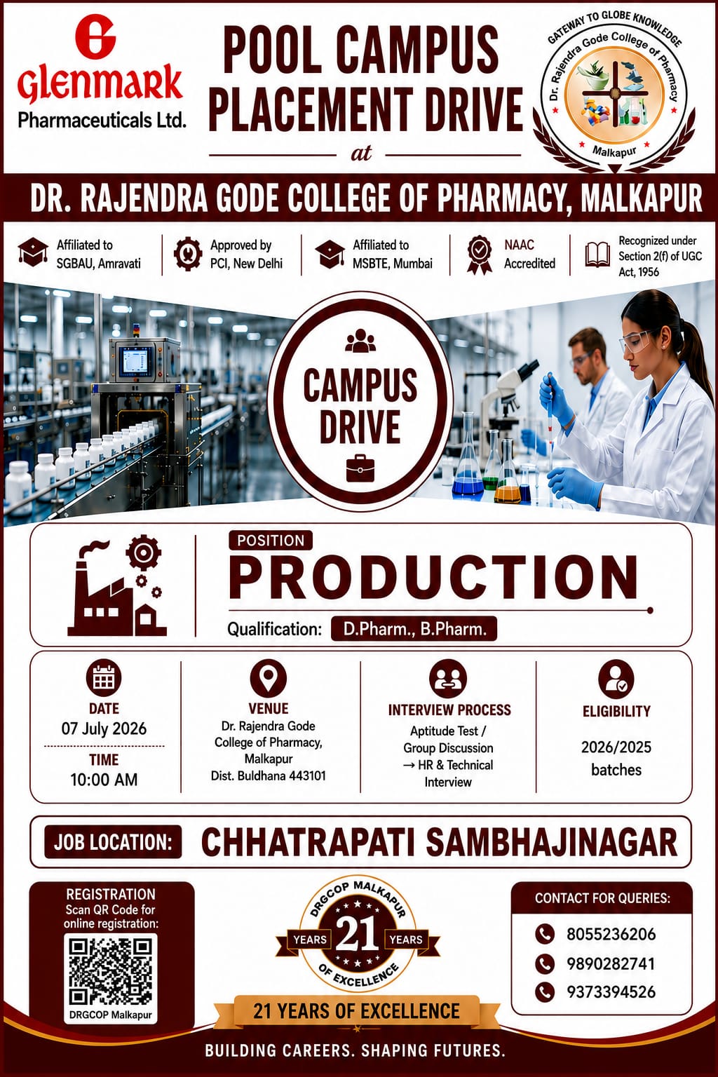 Pool Campus Recruitment Drive at Dr. Rajendra Gode  College of Pharmacy, Malkapur.