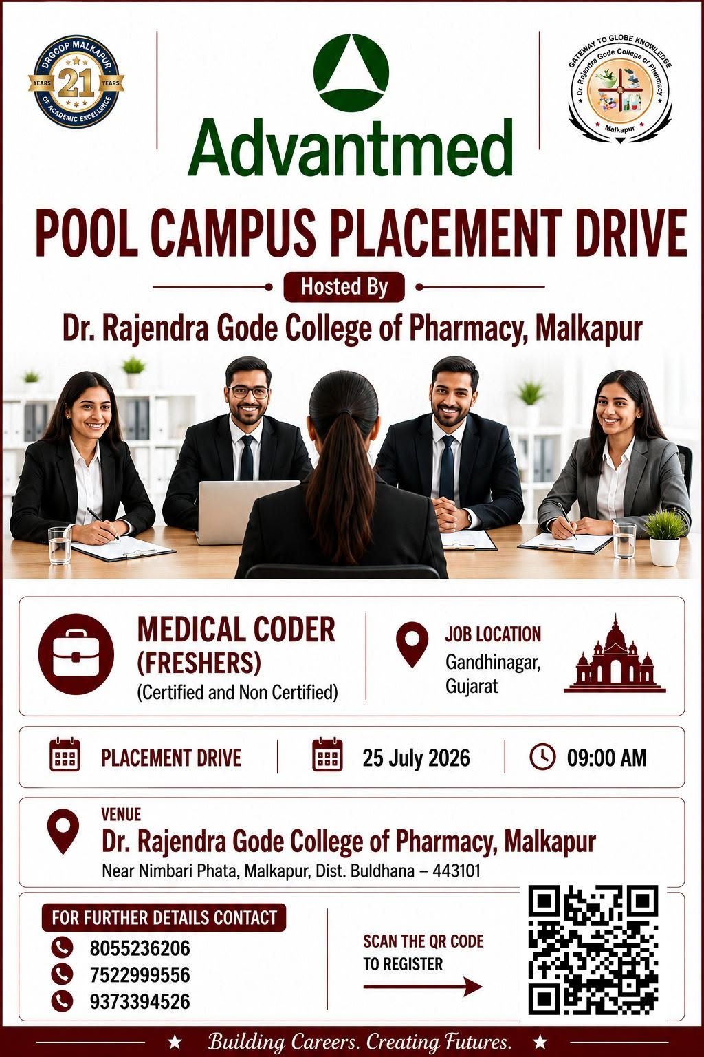 Pool Campus Recruitment Drive at Dr. Rajendra Gode College of Pharmacy, Malkapur.